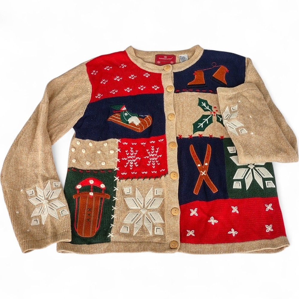 HolidayLodge Northcrest Festive Button-up Christmas Holiday Cardigan Sz M 10/12